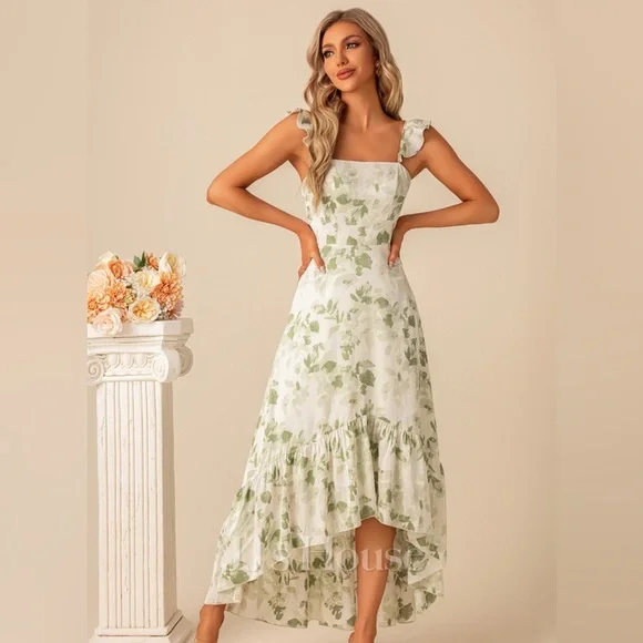 New JJs house Square Asymmetrical Satin Bridesmaid Dress Ruffle green floral - Picture 1 of 6